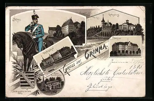 Vorläufer-Lithographie Grimma, 1895, Kloster-Ruine Nimbschen, Fürstenschule, Seminar