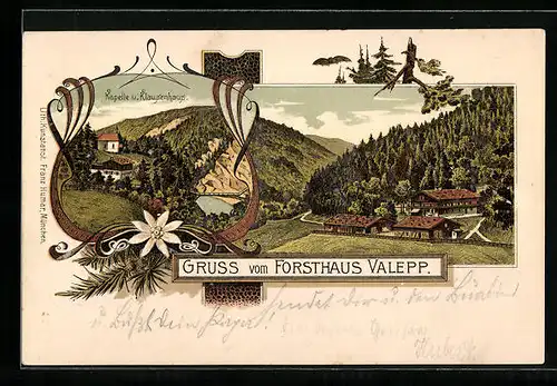 Lithographie Schliersee, Gasthaus Forsthaus Valepp, Kapelle und Klausenhaus
