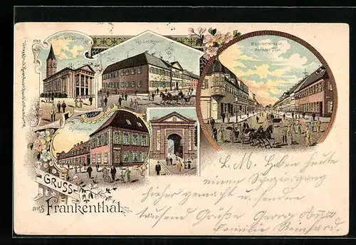 Lithographie Frankenthal, Königliches Landgericht, Gymnasium, Wormser Tor