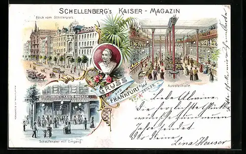 Lithographie Frankfurt a. M., Schellenberg`s Kaiser-Magazin Schaufenster mit Eingang, Inneres Ausstellhalle