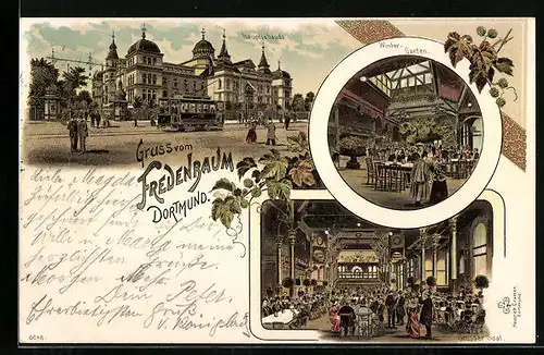 Lithographie Dortmund, Gasthaus Fredenbaum, Innenansichten Grosser Saal und Wintergarten