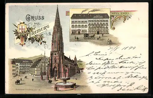 Lithographie Freiburg i. B., Hotel Engel, Kirche und Brunnen