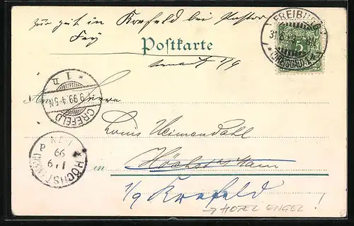 Lithographie Freiburg i. B., Hotel Engel, Kirche und Brunnen