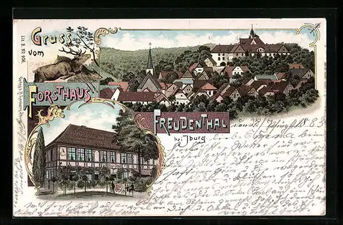 Lithographie Iburg, Gasthof Forsthaus Freudenthal, Teilansicht