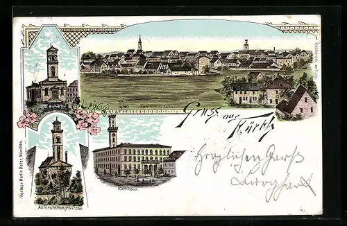 Lithographie Fürth, Rathaus, Auferstehungskirche, Katholische Kirche