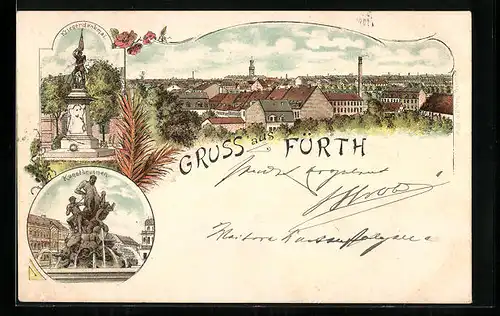 Lithographie Fürth, Teilansicht, Kunstbrunnen, Kriegerdenkmal