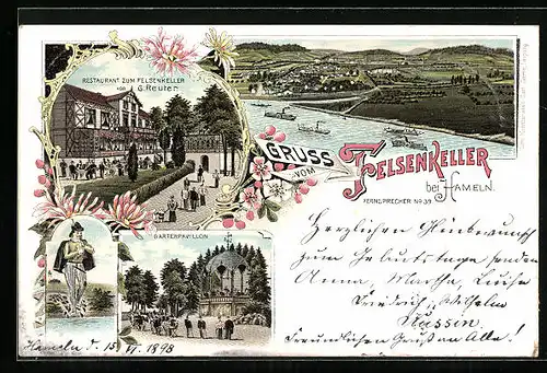 Lithographie Hameln, Gesamtansicht, Restaurant zum Felsenkeller G. Reuter mit Gartenpavillon