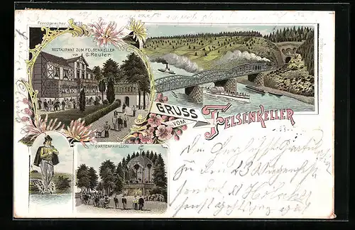 Lithographie Hameln, Eisenbahnbrücke, Restaurant zum Felsenkeller G. Reuter mit Gartenpavillon, Rattenfänger