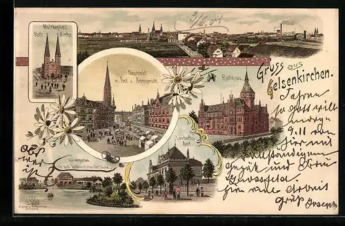 Lithographie Gelsenkirchen, Panorama der Stadt, Neumarkt, Kaisergarten mit Restauration