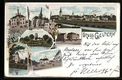 Lithographie Geldern, Panorama des Ortes, Rathaus, Grosser Markt