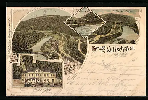 Lithographie Wilischthal, Ortsansicht mit Brücke aus der Vogelschau, Bahnhof, Brücke