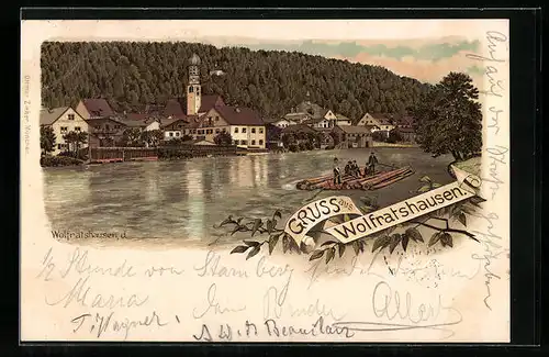 Lithographie Wolfratshausen, Ortspanorama mit Holzflössern und Waldblick