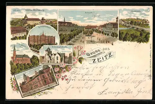 Lithographie Zeitz, Altmarkt aus der Vogelschau, Postamt, Auebrücke