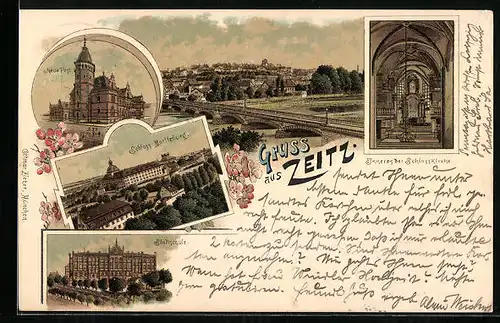 Lithographie Zeitz, Teilansicht mit Viadukt, Stadtschule, Neue Post