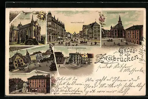 Lithographie Zweibrücken, Hauptstrasse, Maximilianstrasse, Maxstrasse