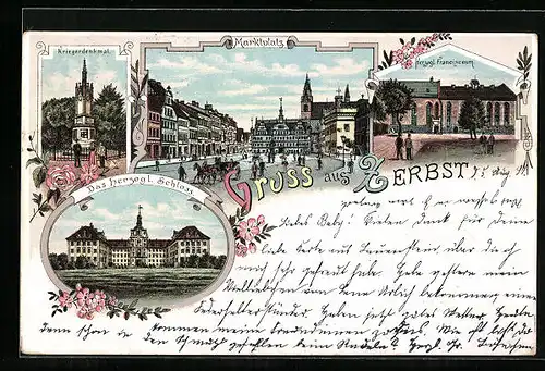 Lithographie Zerbst, Marktplatz, Kriegerdenkmal, Schloss