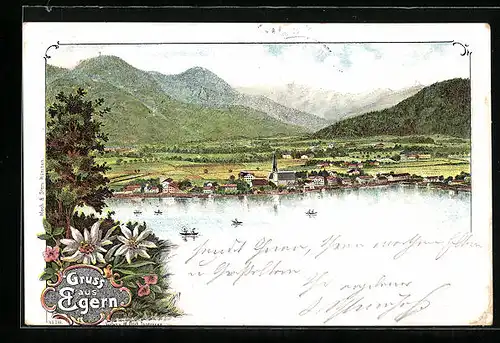 Lithographie Egern, Ortspanorama mit Bergblick aus der Vogelschau