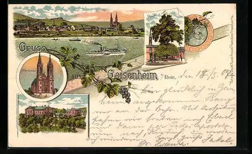 Lithographie Geisenheim, Ortsansicht mit Dampfer, Linde, Pfarrkirche