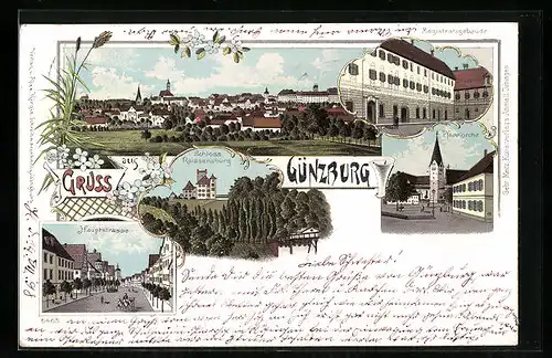 Lithographie Günzburg, Ortsansicht, Magistratsgebäude, Hauptstrasse