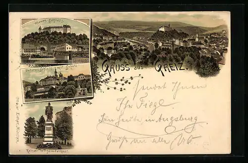 Lithographie Greiz, Ortsansicht, Oberes und Unteres Schloss