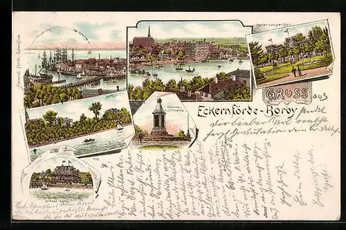 Lithographie Eckernförde-Borby, Teilansicht, Hafenpartie, Marien-Louisen-Bad