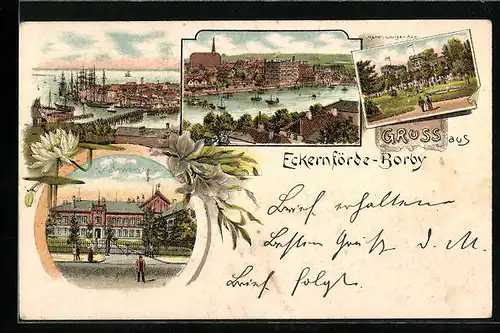 Lithographie Eckernförde-Borby, Teilansicht, Hafenpartie, Marien-Louisen-Bad, Baugewerkschule