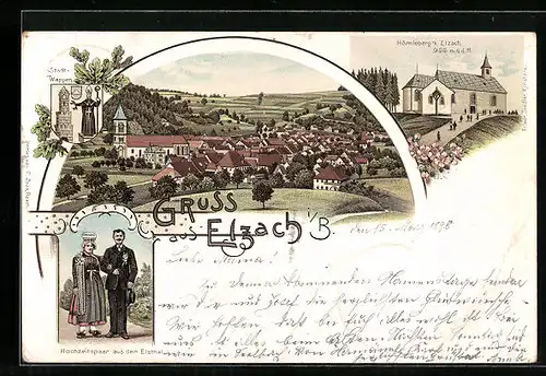 Lithographie Elzach i. B., Ortsansicht, Elzacher Hochzeitspaar, Hörnleberg, Wappen