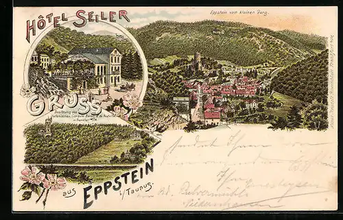 Vorläufer-Lithographie Eppstein /Ts., 1895, Ortsansicht vom kleinen Berg aus, Hotel Seiler