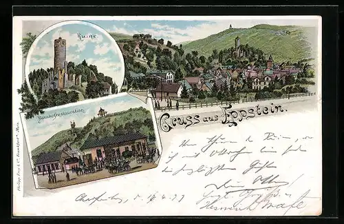 Lithographie Eppstein, Bahnhofsrestauration, Ortsansicht, Ruine