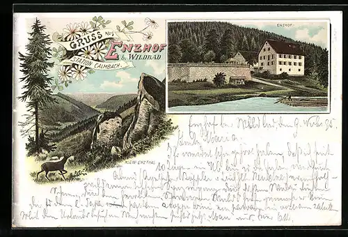 Vorläufer-Lithographie Calmbach bei Wildbad, 1895, Gasthaus Enzhof mit Flösser, Klein-Enzthal