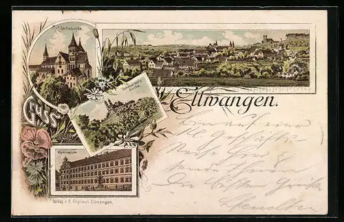 Lithographie Ellwangen, Ortsansicht, Gymnasium, Stiftskirche