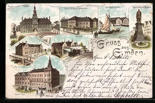 Lithographie Emden, Rathaus, Häringsfischerei, Bahnhof