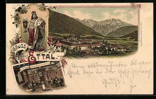 Lithographie Ettal, Kloster aus der Vogelschau, Kaiser Ludwig der Bayer, Innenansicht vom Gasthaus Braustüberl