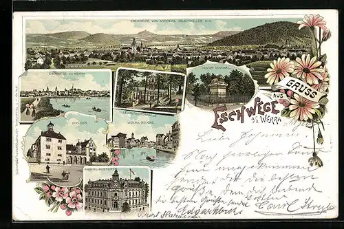 Lithographie Eschwege /Werra, Panorama, Teilansicht mit Brücke, Leuchtbergshalle