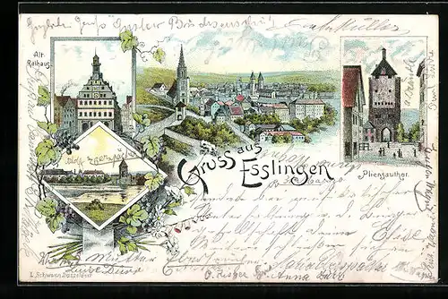 Lithographie Esslingen, Ortsansicht, Pliensauthor, Alt-Rathaus