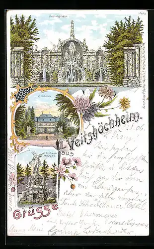 Lithographie Veitshöchheim, Schloss, Neptungruppe, Orpheusgruppe