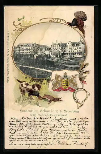 Passepartout-Lithographie Schömberg b. Neuenbürg /Württemberg. Schwarzwald, Sanatorium Schömberg, Wappen