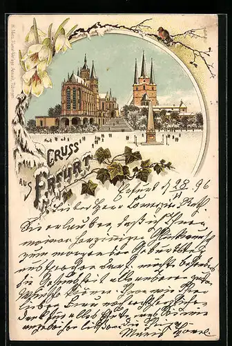 Winter-Lithographie Erfurt, Severikirche und Dom