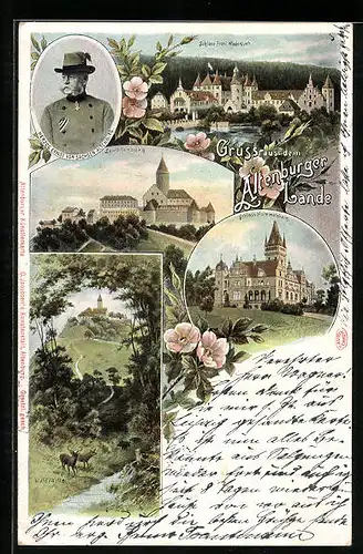 Lithographie Altenburg, Schloss Fröhliche Widerkunft, Schloss Hummelshain, Herzog Ernst von Sachsen-Altenburg