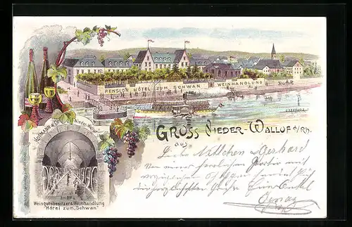 Lithographie Nieder-Walluf /Rhein, Uferpartie, Pension-Hotel zum Schwan, Weinhandlung
