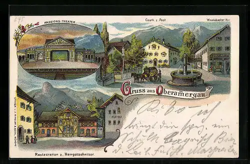 Lithographie Oberammergau, Passions-Theater, Gasthof z. Post, Wittelsbacher Hof, Restauration z. Herrgottschnitzer