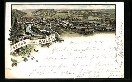 Lithographie Sulz a. N., Gesamtansicht aus der Vogelschau