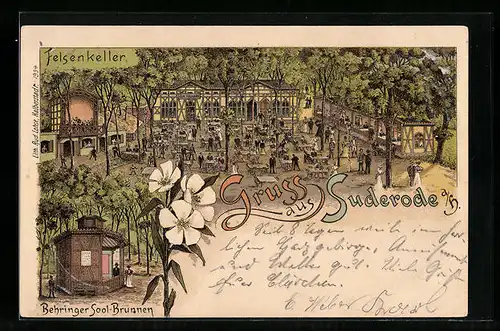 Lithographie Suderode a. H., Partie am Felsenkeller, Behringer Sool-Brunnen