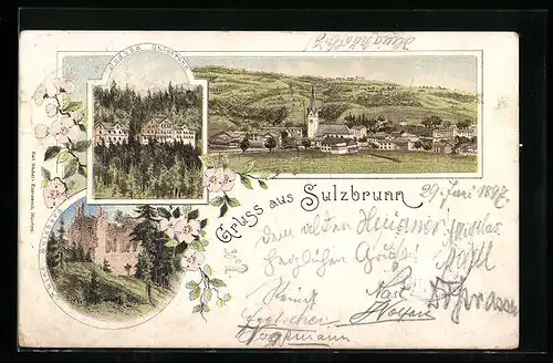 Lithographie Sulzbrunn, Ortsansicht, Jodbad, Ruine Sulzberg