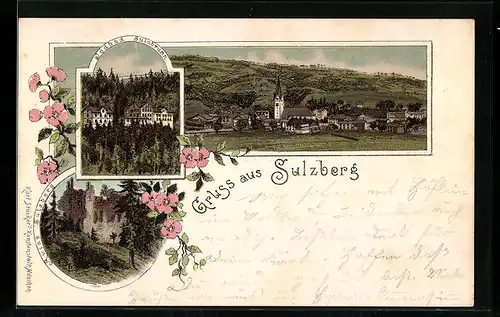 Lithographie Sulzberg, Ortsansicht, Iodbad Sulzbrunn, Ruine Sulzberg