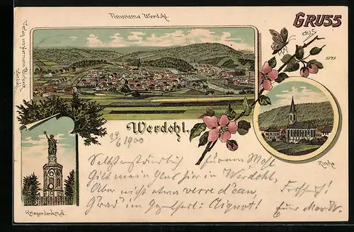 Lithographie Werdohl, Panorama, Kirche, Kriegerdenkmal, Blume mit Schmetterling