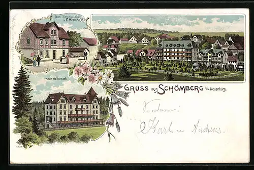 Lithographie Schömberg /Neuenbürg, Ortspartie, Gem. Warengeschäft v. F. Mönch, Neue Heilanstalt