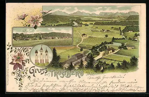 Lithographie Trostberg a. Alz, Ortsansicht aus der Vogelschau, Rieger`sche Walzmühle