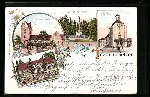 Lithographie Treuenbrietzen, Rathhaus, Siegesdenkmal, St. Marienkirche, Park-Restaurant