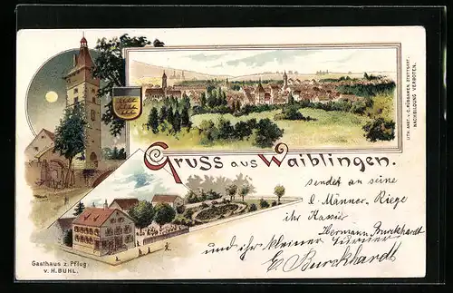 Lithographie Waiblingen, Ortsansicht aus der Vogelschau, Gasthaus z. Pflug v. H. Buhl, Turm im Mondlicht